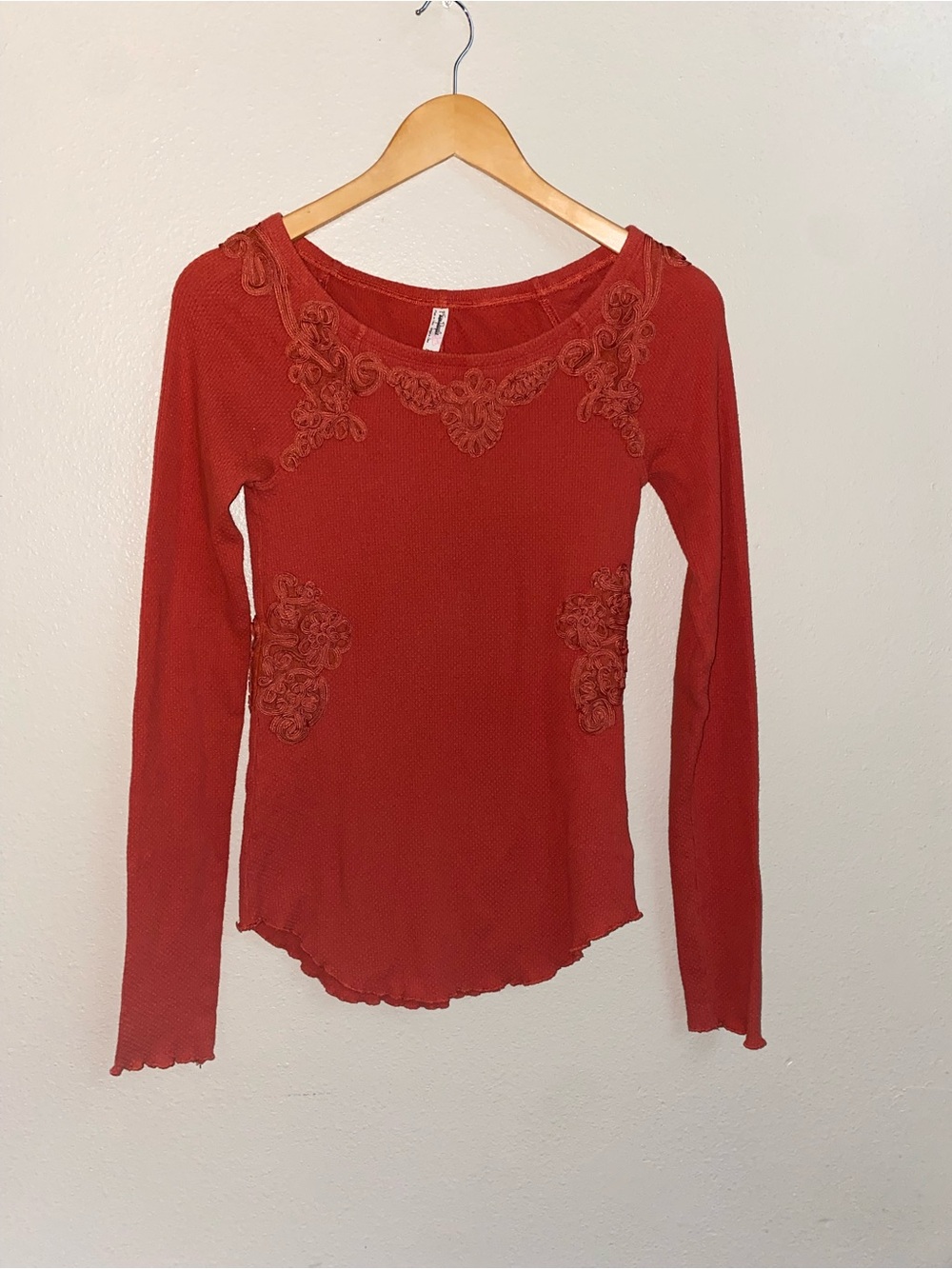 Free People Masquerade Embroidered Soutache Thermal Waffle Knit Top Size M Boho